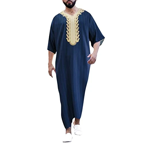 Men's Muslim Clothes Durable Kaftan Soft Tropical Holiday with Double Ring Relaxed Fit Breathable Flax O Neck Pattern Unisex Striped 4-Way Stretch Lounge Robes with Pockets Navy