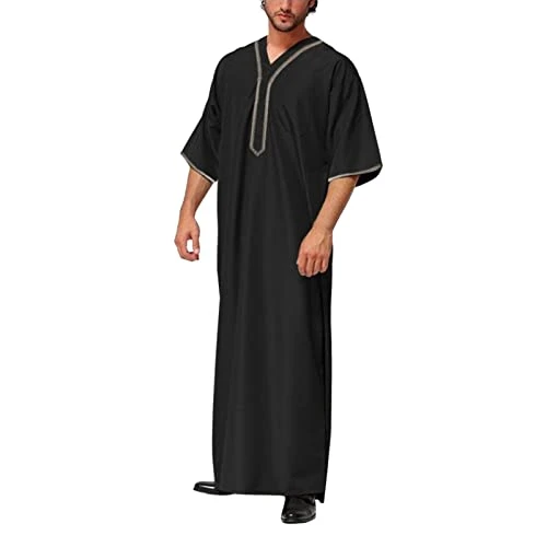 Men's Muslim Clothes Thobe Middle East Premium Fabric Versatile with Pull On Classic Fit Lightweight Cotton V Neck Lace Up Vintage Polka Dots Quick-Dry Lounge Robes with Pockets Black