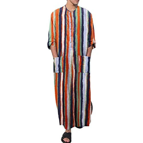 Men's Muslim Clothes Thobe Middle East Premium Fabric Workout with Flap Pocket Loose Oversize Breathable Polyester Crew Neck Stitching Vintage Solid Stretch Lounge Robes with Pockets Orange
