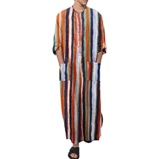 Men's Muslim Clothes Thobe Middle East Premium Fabric Workout with Flap Pocket Loose Oversize Breathable Polyester Crew Neck Stitching Vintage Solid Stretch Lounge Robes with Pockets Orange