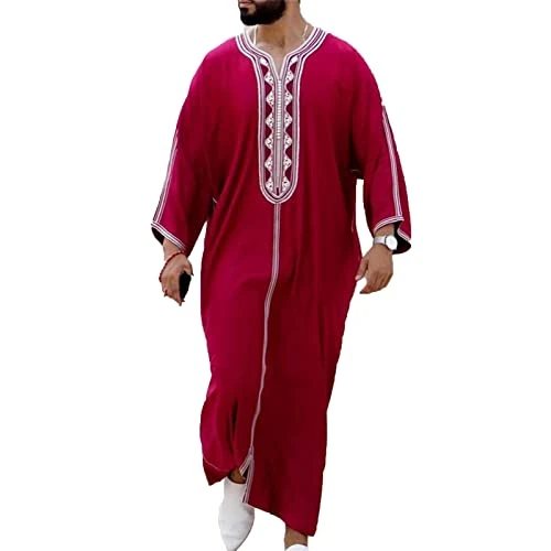 Men's Muslim Dress Middle East Saudi Arabic Robes Men Prayer Clothes Print Long Sleeve Kaftan Robe Red