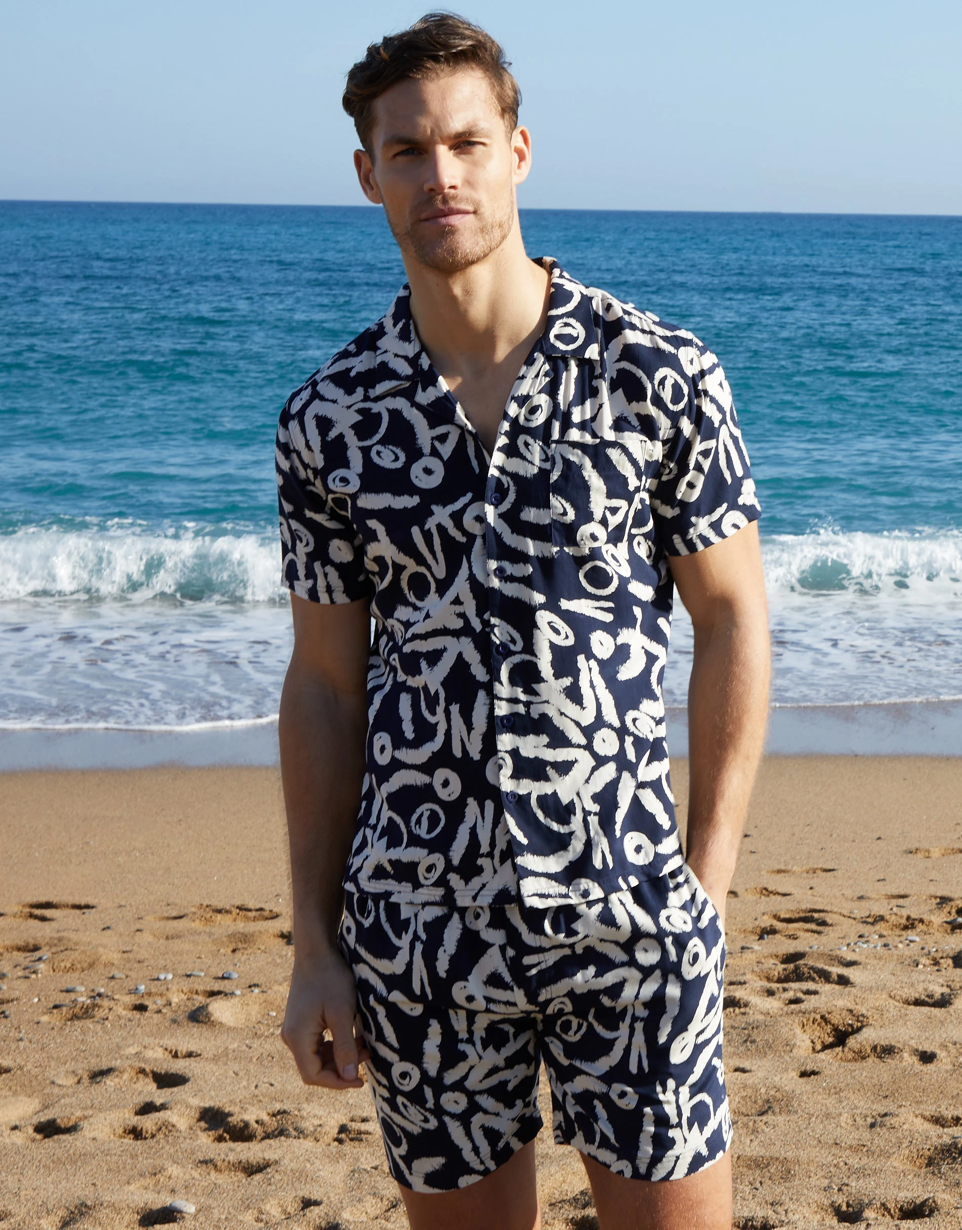 Men's Navy Abstract Print Revere Collar Short Sleeve Shirt