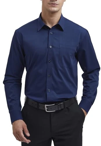 Men's Navy Blue Dress Shirt Long Sleeve Regular Fit Business Bamboo Fiber Shirt Casual Wrinkle-Free 