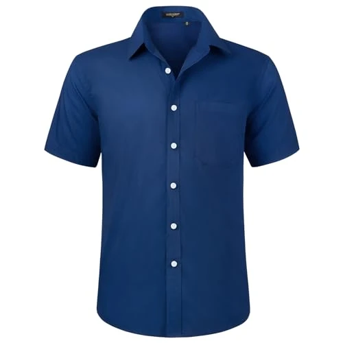 Mens Navy Blue Short Sleeve Dress Shirt Regular Fit Casual Formal Shirts Button Down Business Stretc