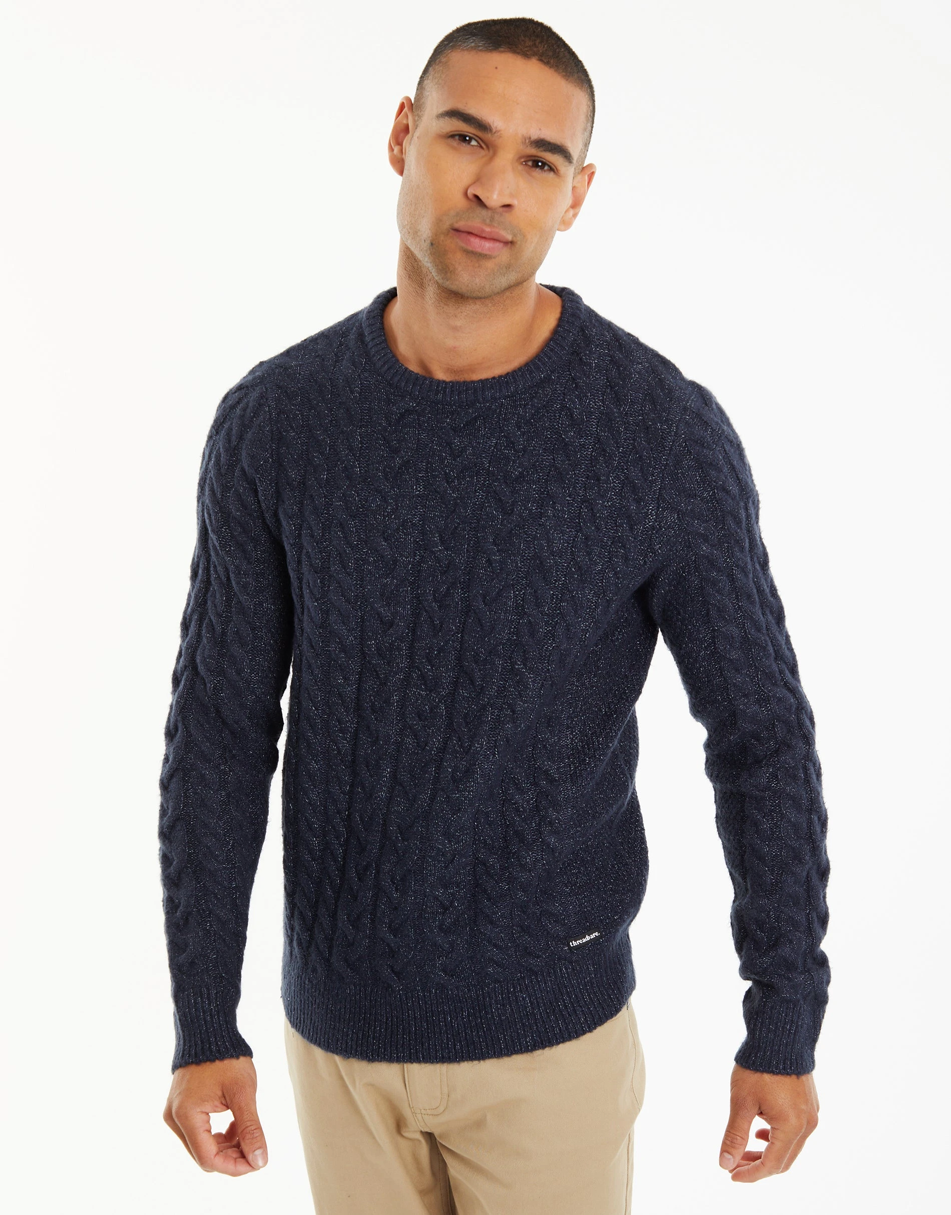 Men's Navy Cable Knit Detail Crew Neck Jumper