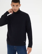 Men's Navy Cable Knit Roll Neck Jumper