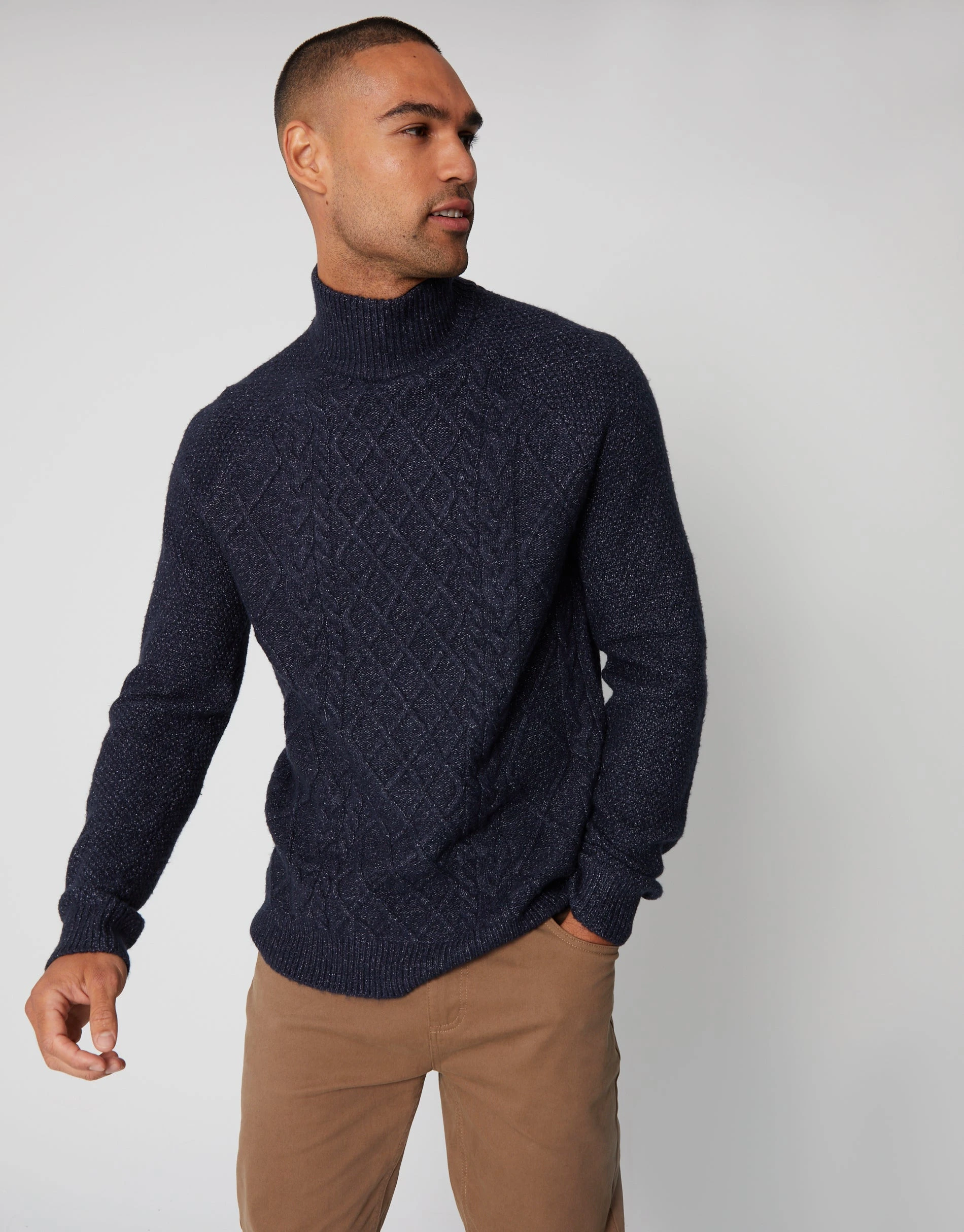 Men's Navy Cable Knit Turtle Neck Jumper