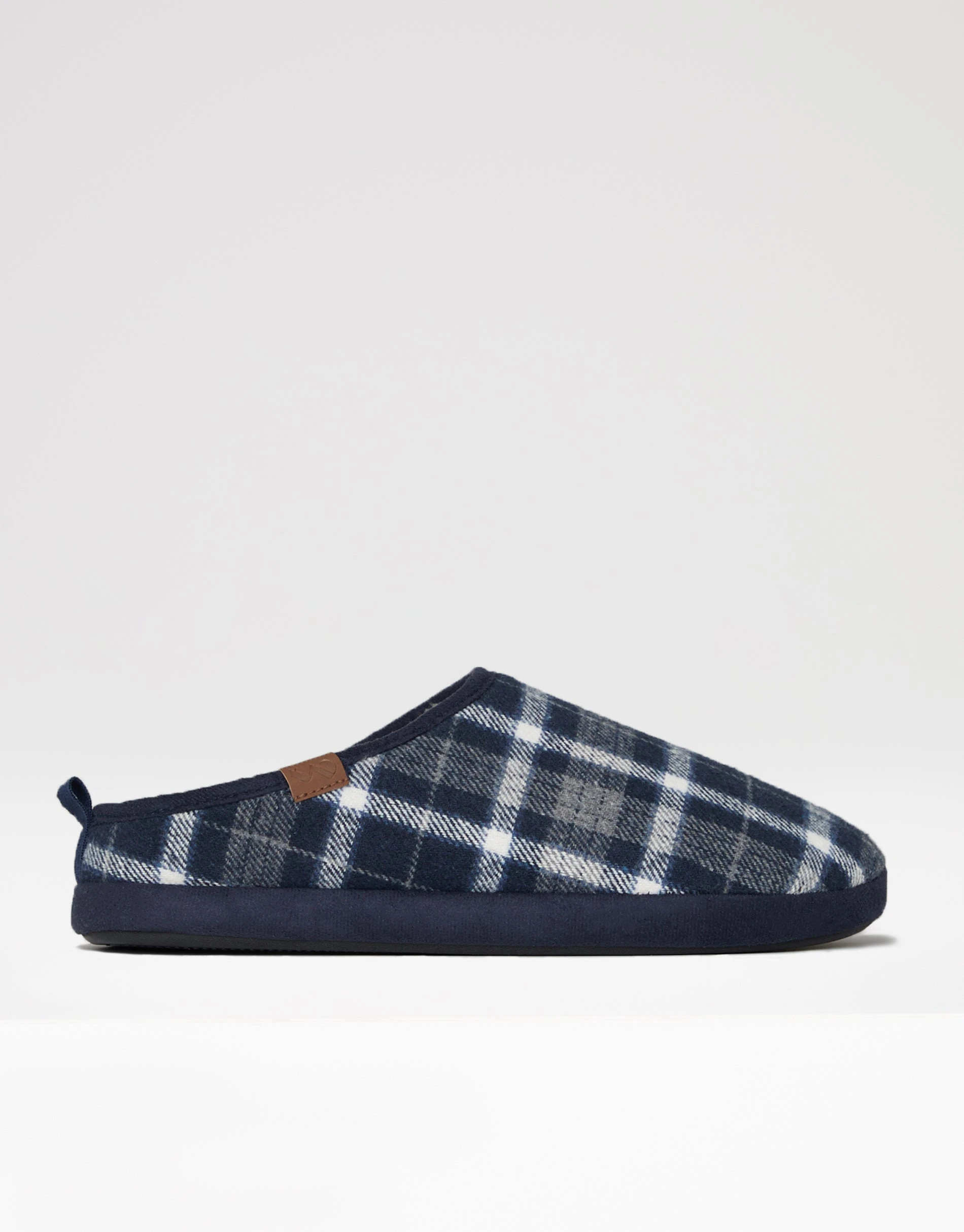 Men's Navy Check Mule Slippers with Borg Lining