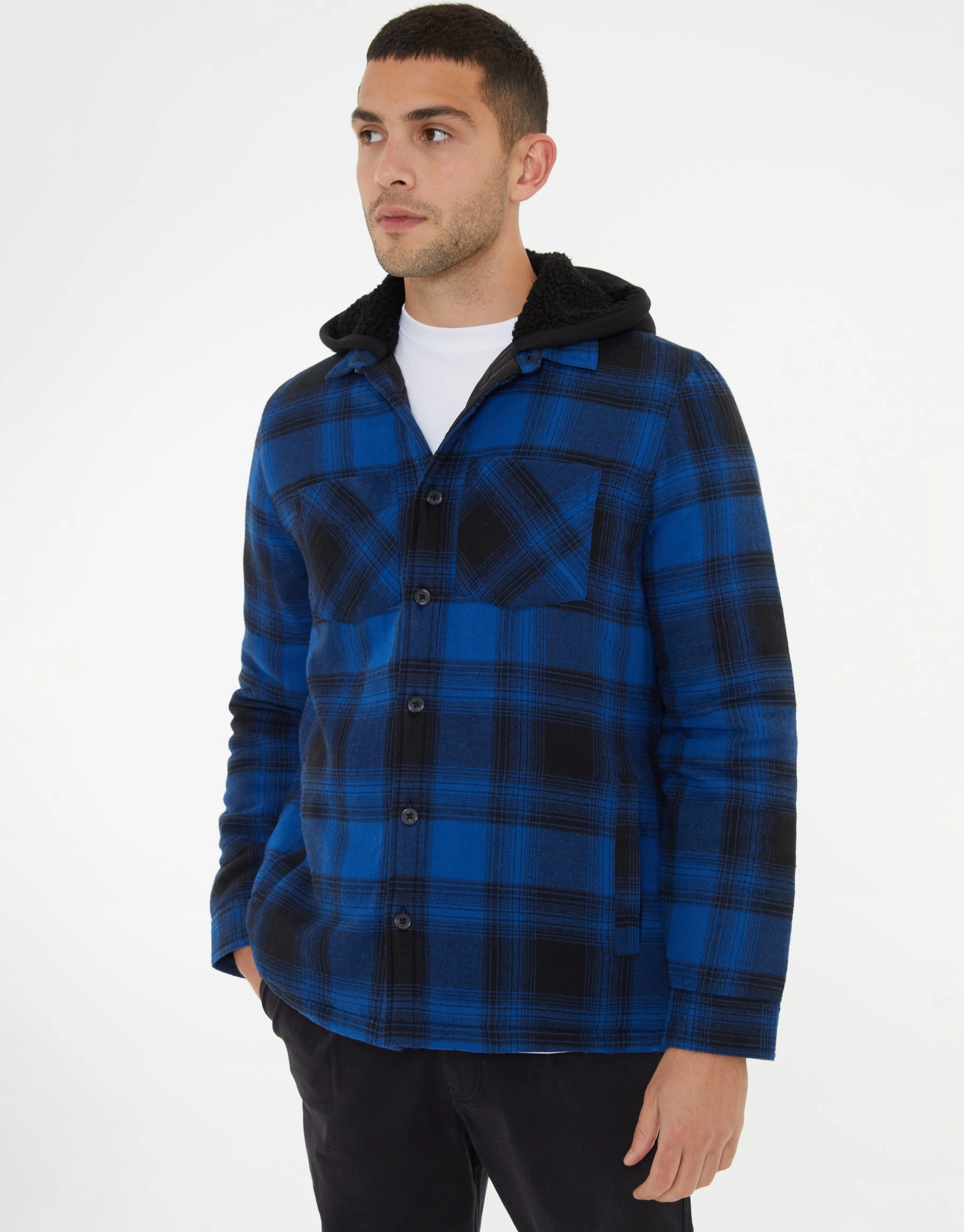 Men's Navy Check Shacket with Borg-Lined Hood