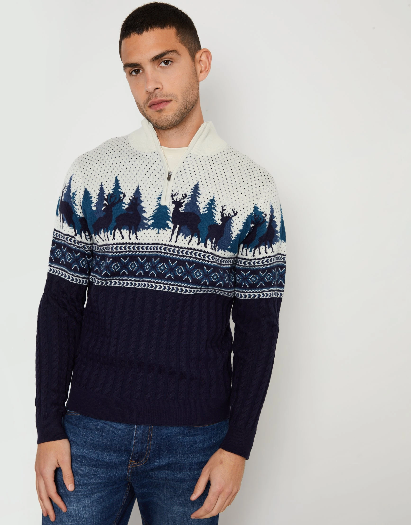 Men's Navy Christmas Fairisle Cable Knit Quarter Zip Jumper