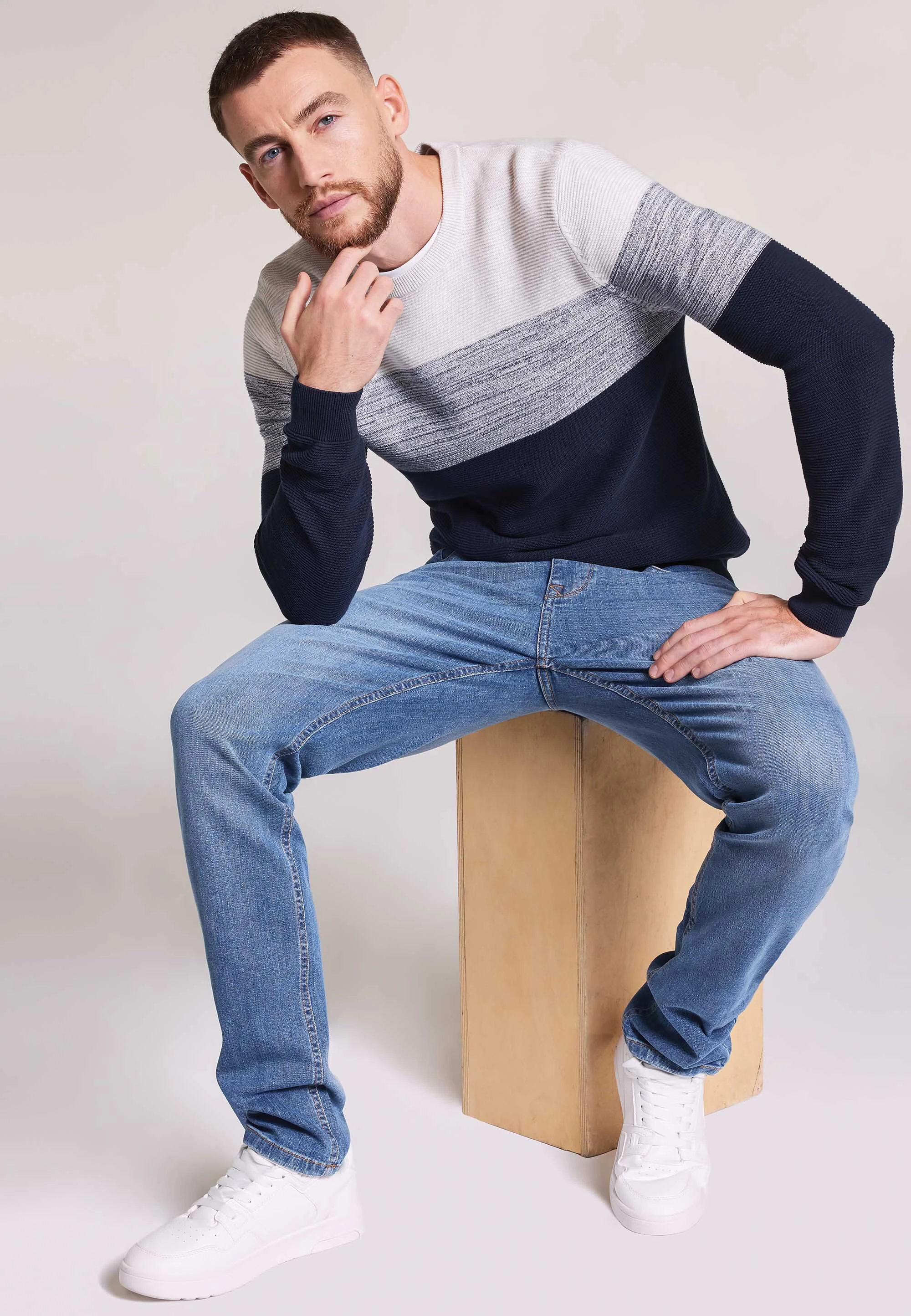 Mens Navy Colour Block Long Sleeves Jumper