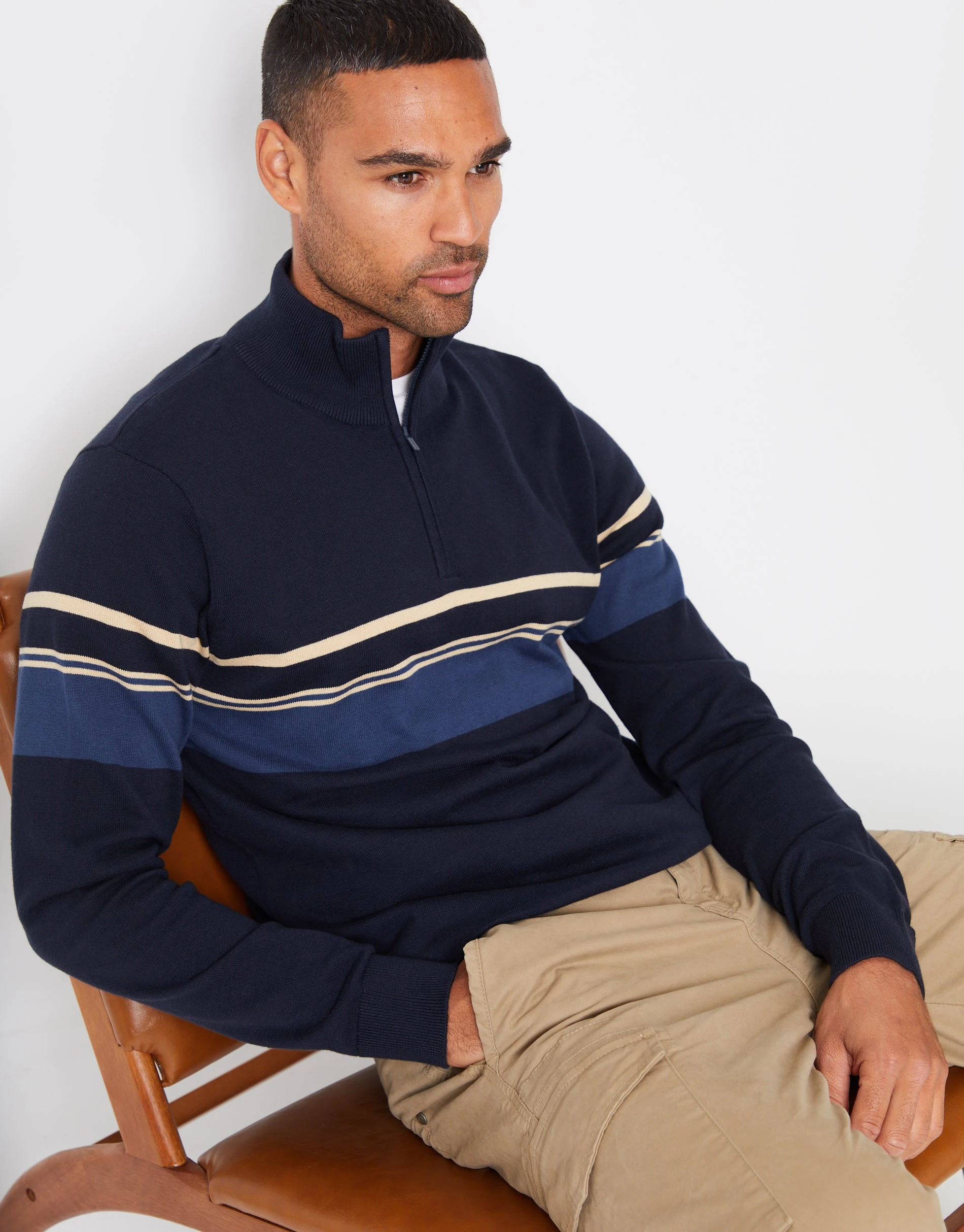 Men's Navy Colourblock Quarter Zip Knitted Jumper