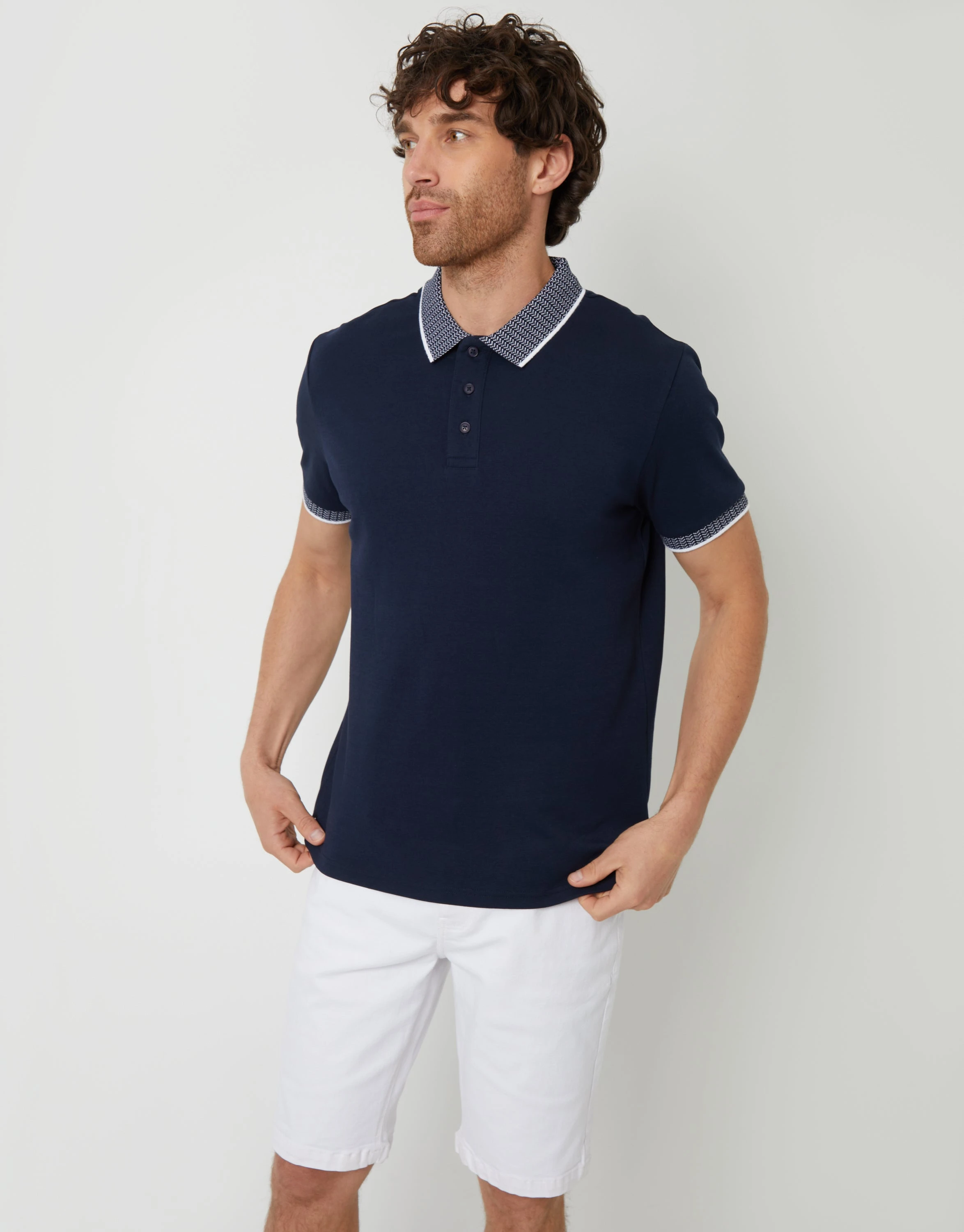 Men's Navy Contrast Pattern Collar Polo Shirt