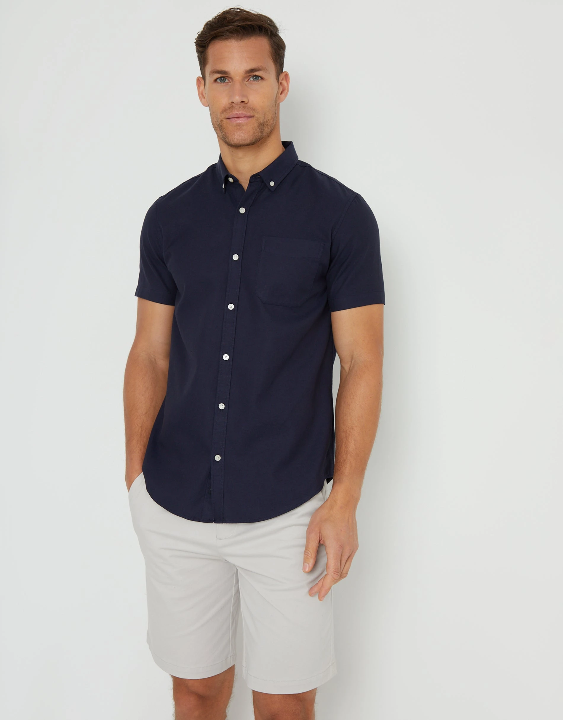 Men's Navy Cotton Lyocell Blend Short Sleeve Shirt