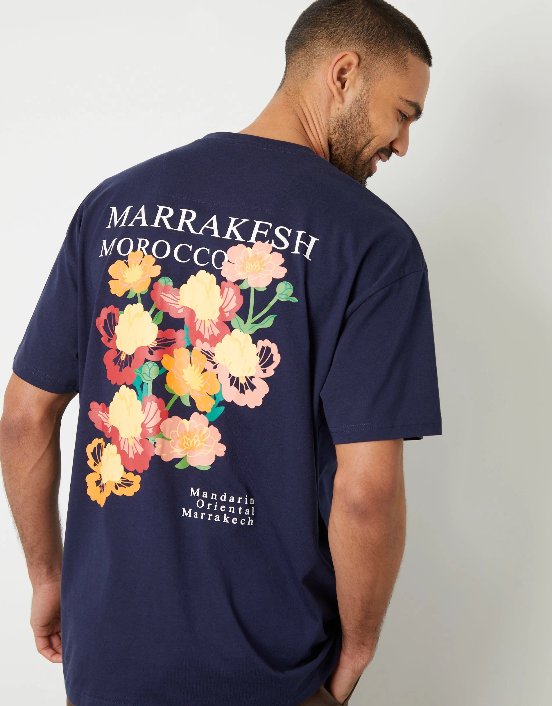 Men's Navy Floral Graphic Print Oversized T-Shirt