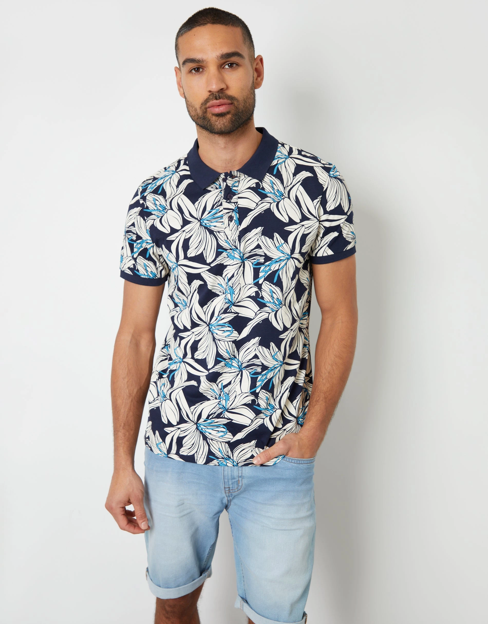 Men's Navy Floral Print Short Sleeve Polo Shirt