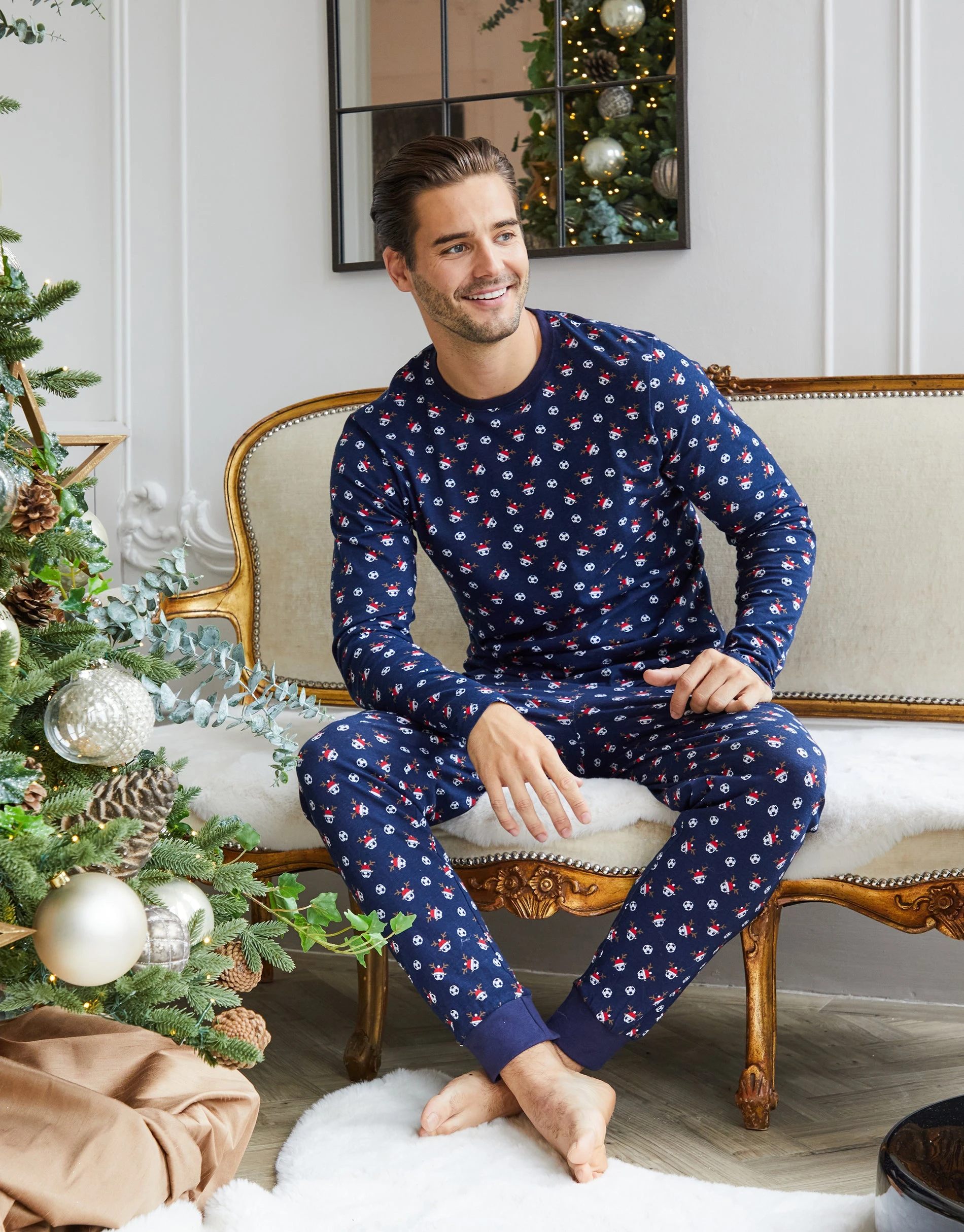 Men's Navy Football Long Christmas Pyjamas (2-Piece Set)