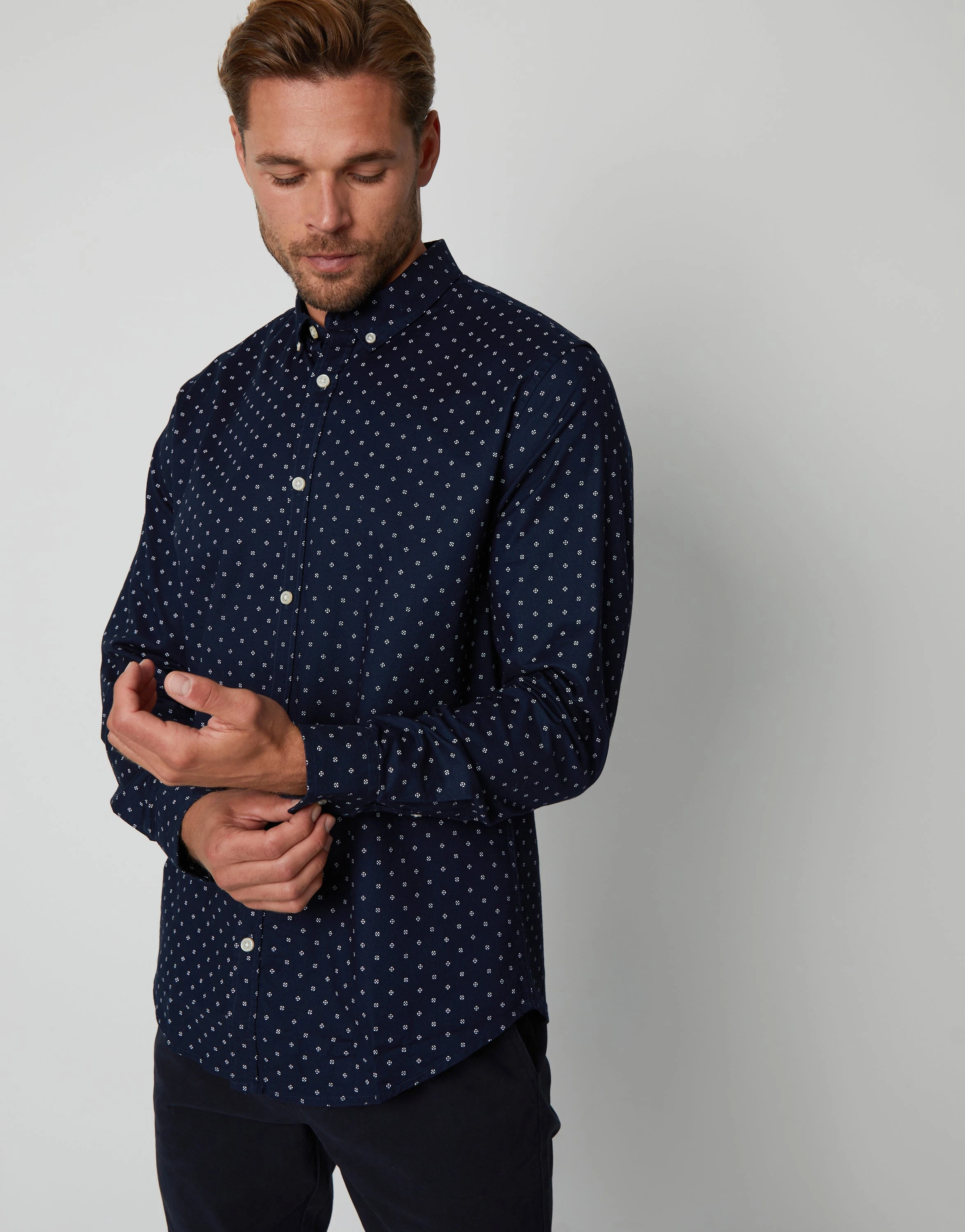 Men's Navy Geometric Print Long Sleeve Shirt