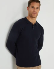 Men's Navy Knitted Long Sleeve Polo Jumper