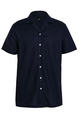 Mens Navy Linen Shirt Regular Fit Cuban Collar Short Sleeve-S