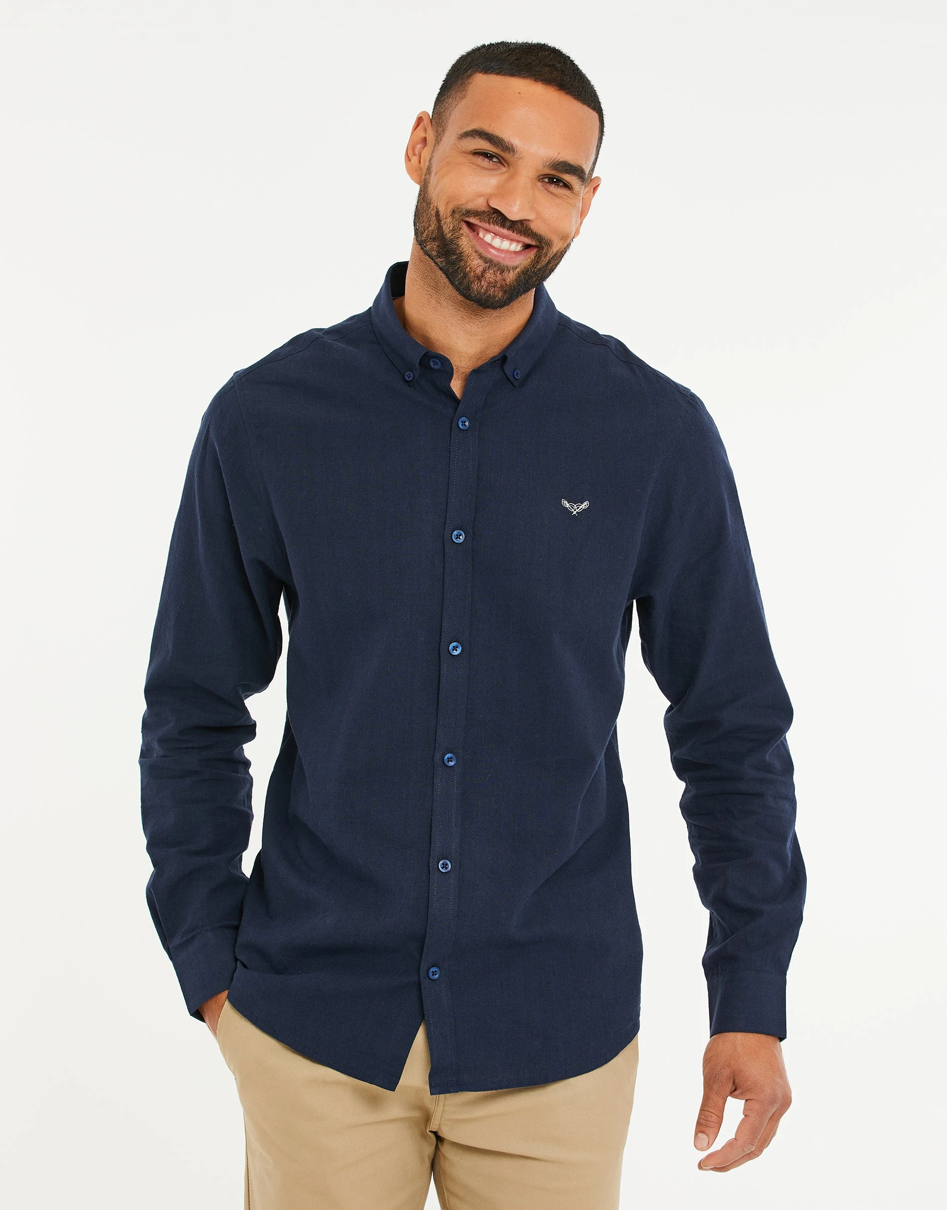 Men's Navy Long Sleeve Linen Blend Shirt