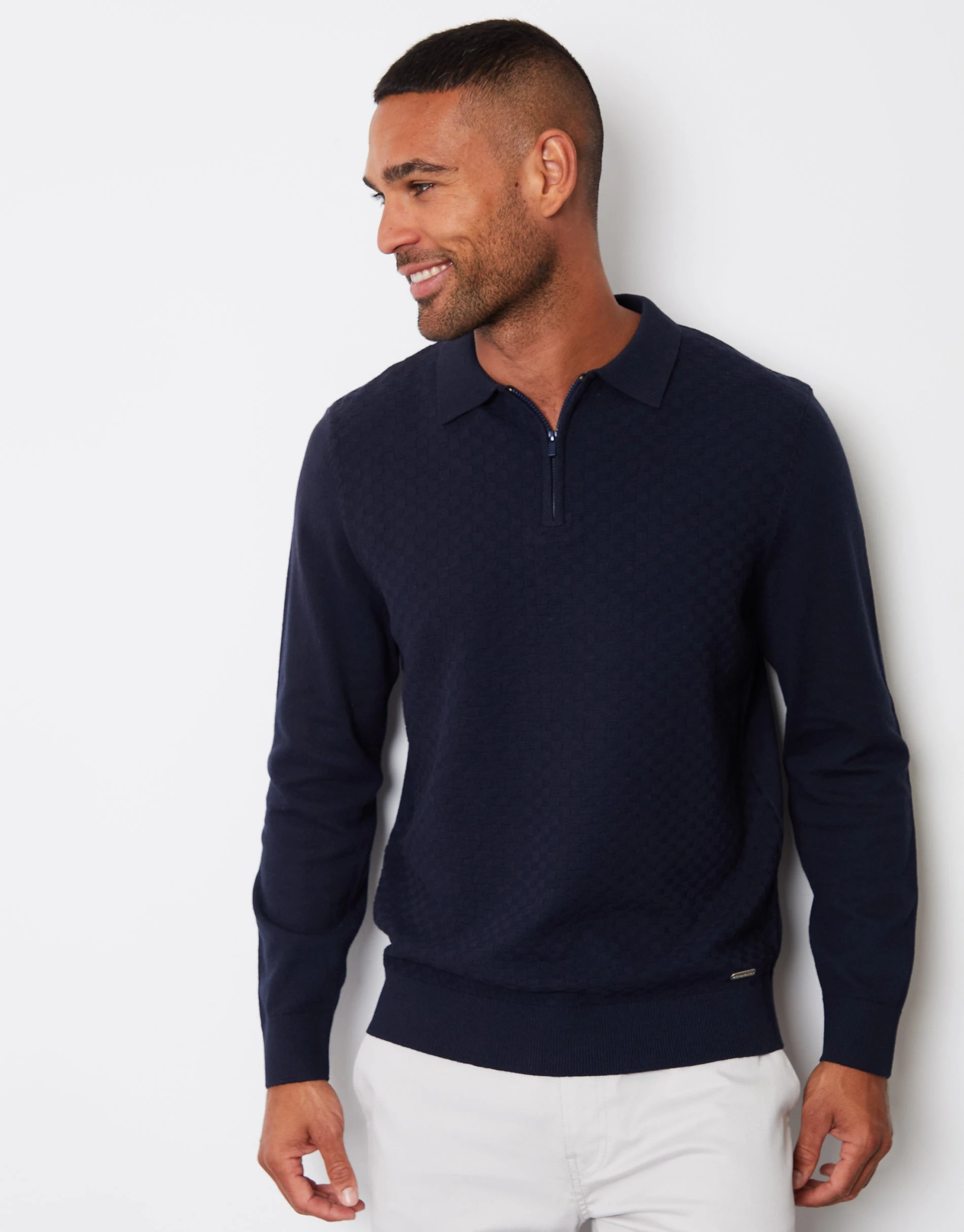 Men's Navy Long Sleeve Quarter Zip Knitted Polo Jumper