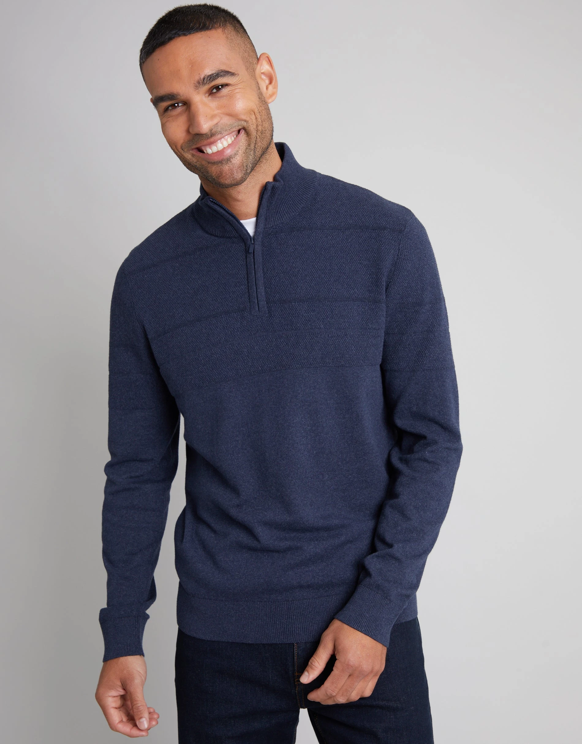 Men's Navy Marl Textured Stripe Detail Quarter Zip Jumper