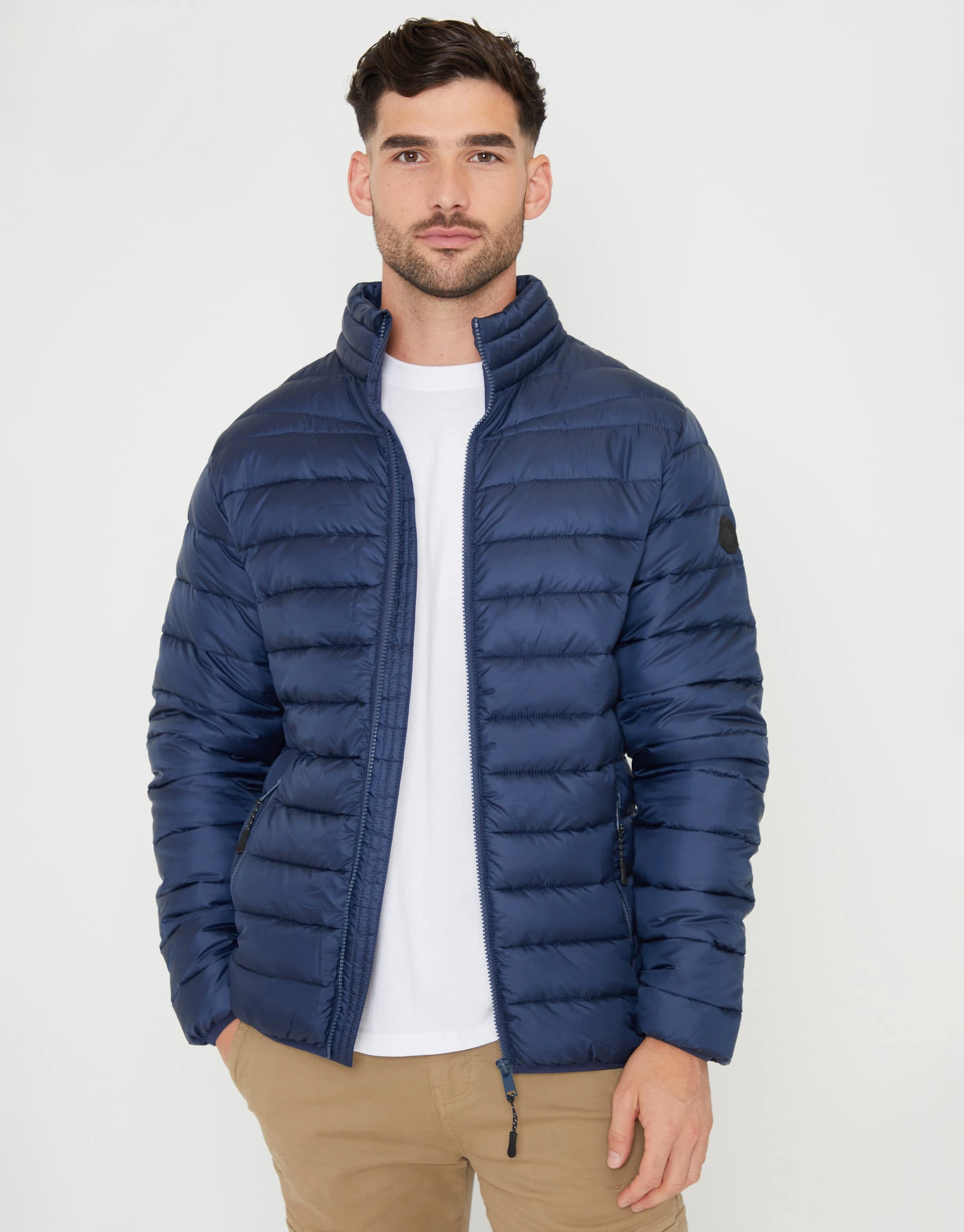 Men's Navy Matte Finish Padded Funnel Neck Jacket