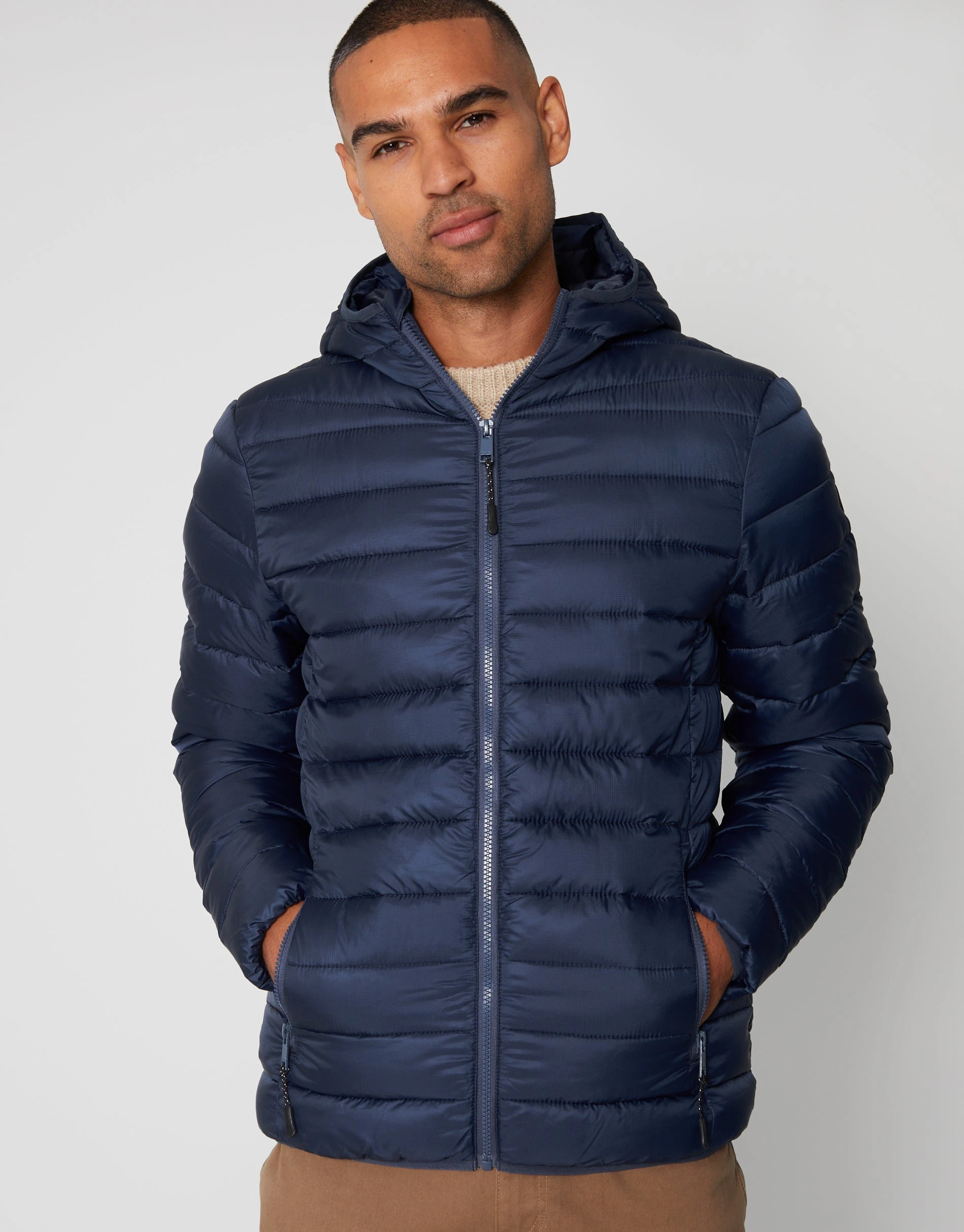 Men's Navy Matte Finish Padded Hooded Jacket