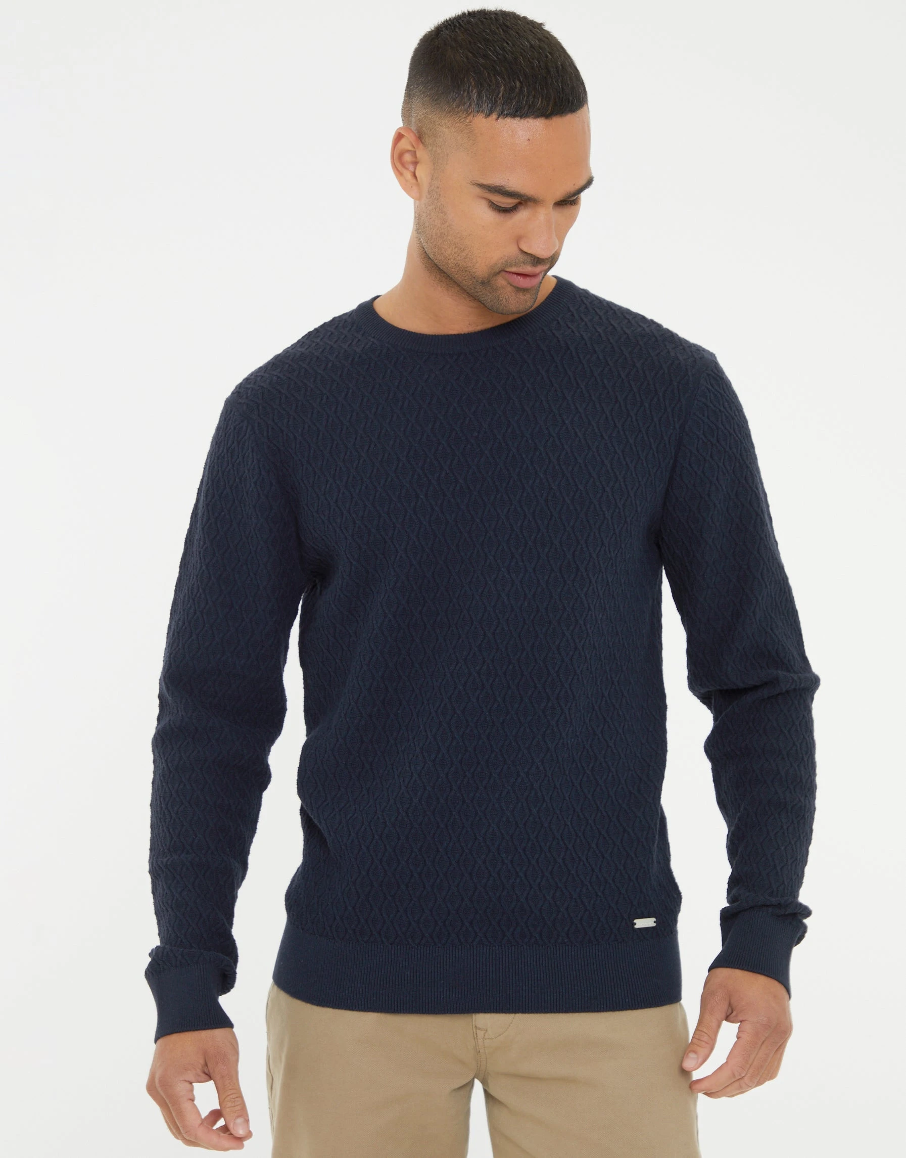 Men's Navy Mini Cable Knit Crew Neck Jumper