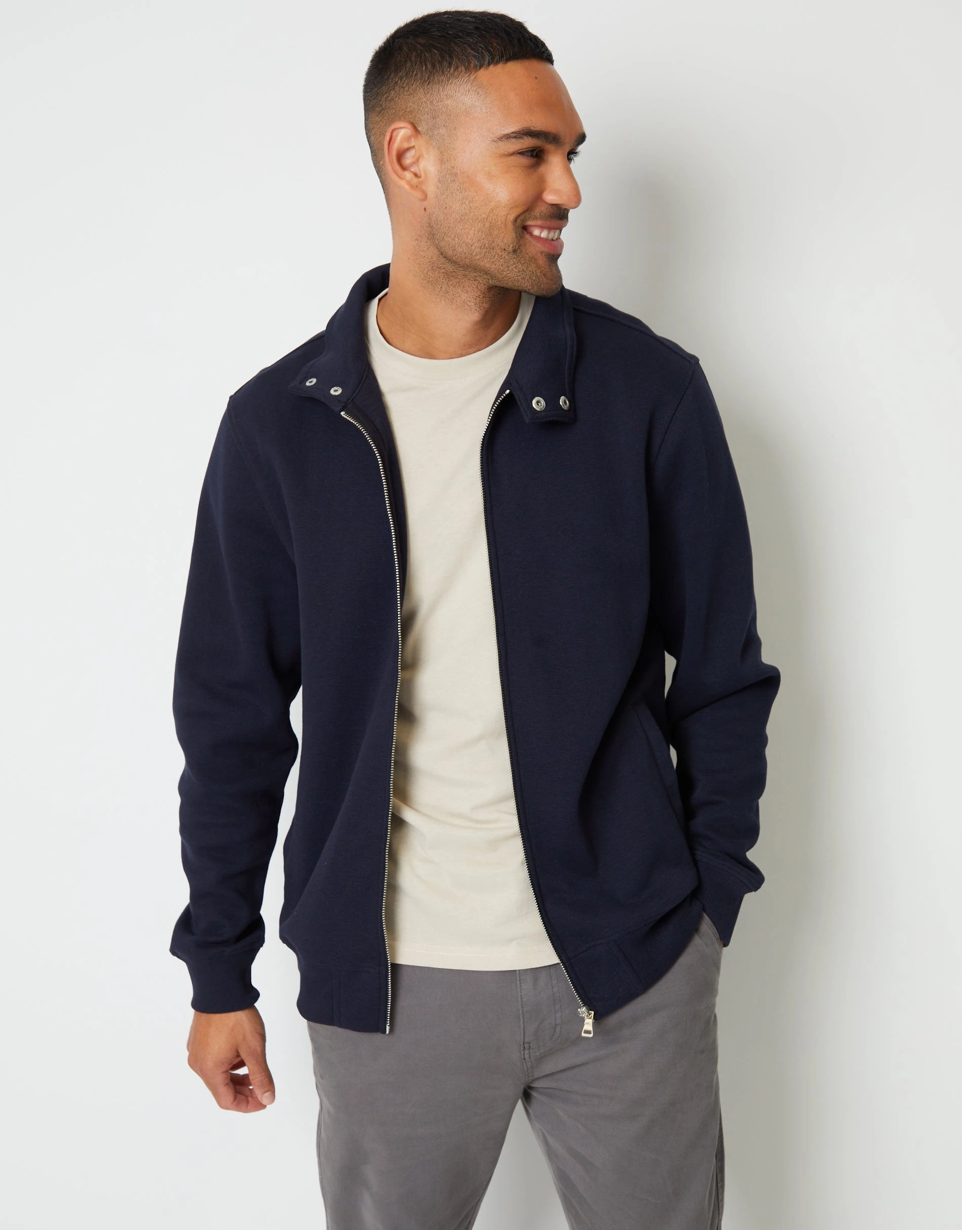 Men's Navy Pique Zip Up Popper Collar Sweatshirt