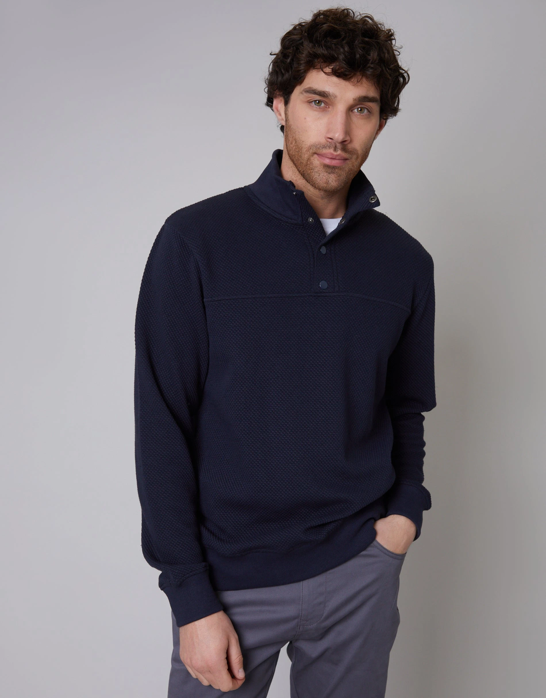 Men's Navy Popper Closure Funnel Neck Waffle Textured Jumper