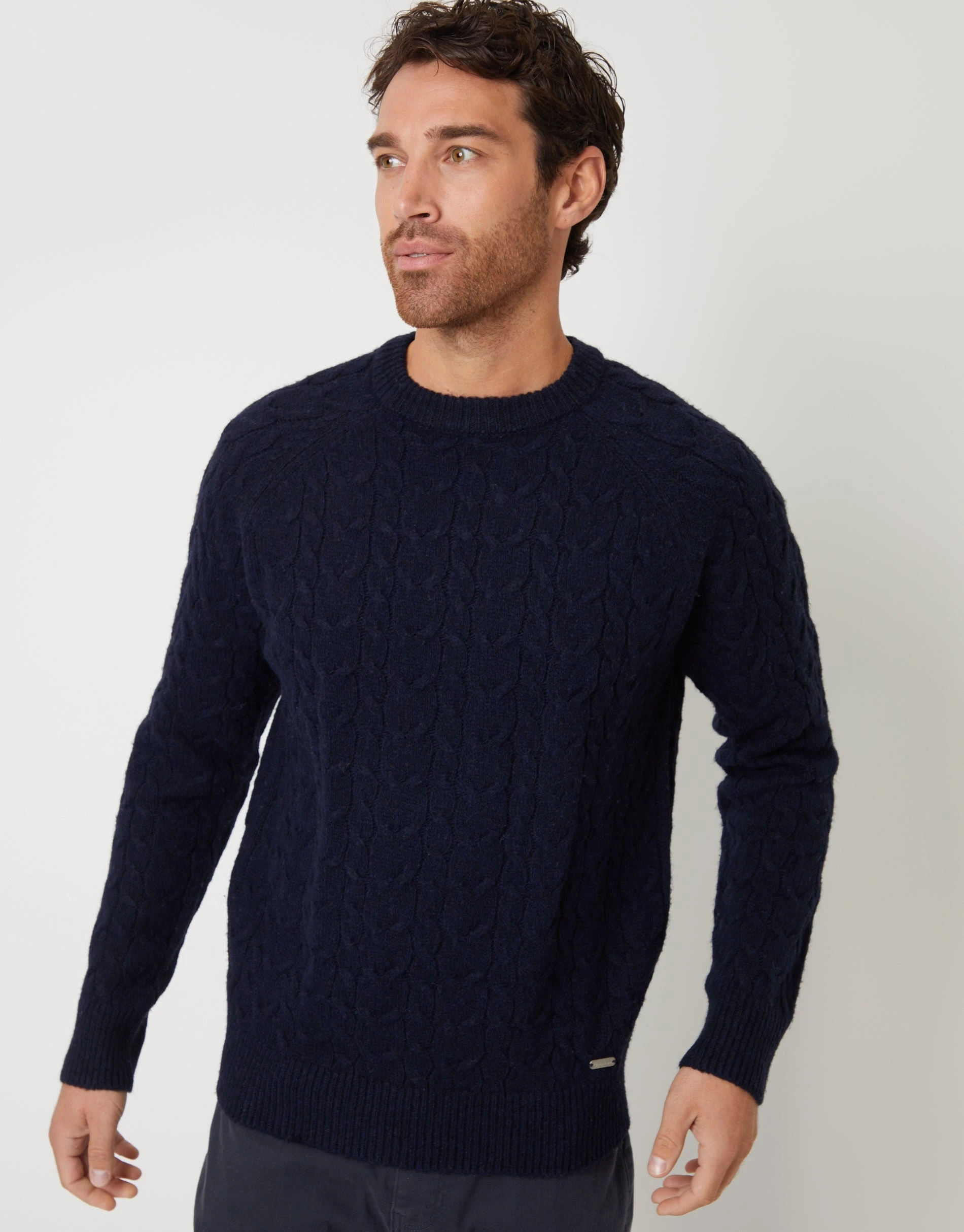 Men's Navy Raglan Sleeve Cable Knit Crew Neck Jumper