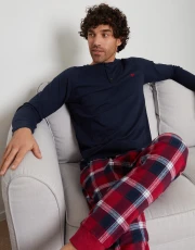 Men's Navy & Red Check Pyjama Long Top & Bottoms (2-Piece Set)