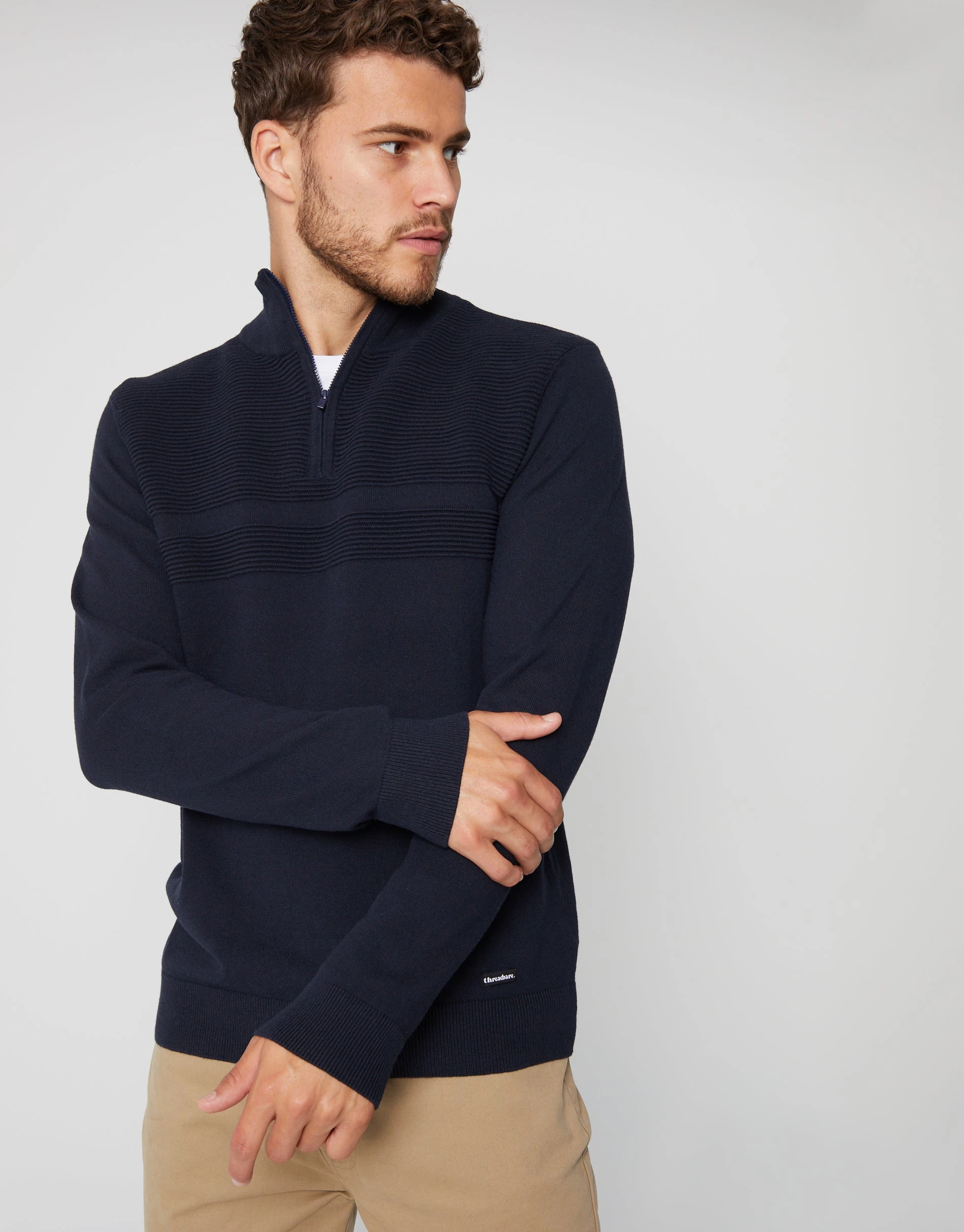 Men's Navy Rib Detail Knitted Quarter Zip Jumper