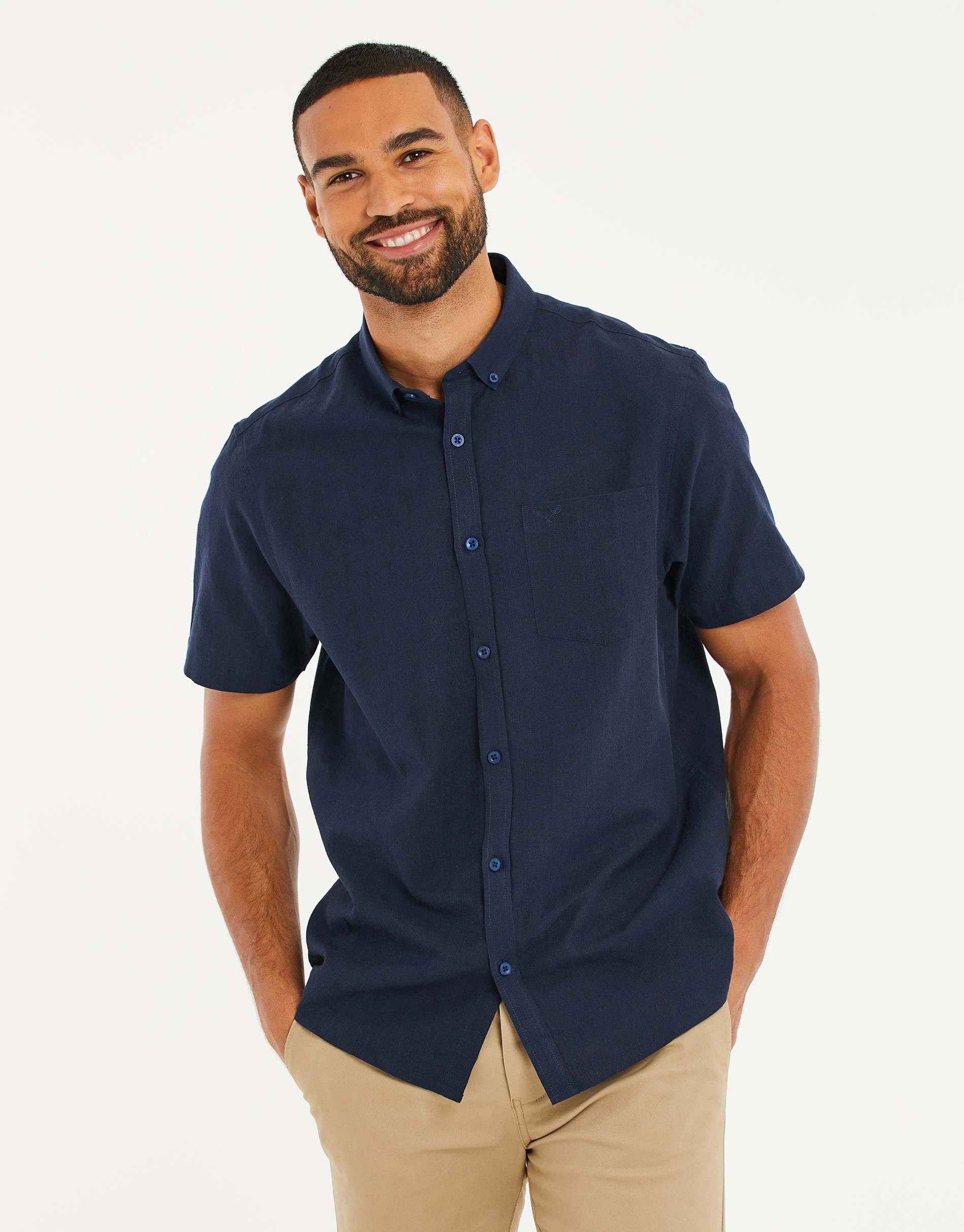 Men's Navy Short Sleeve Linen Blend Shirt