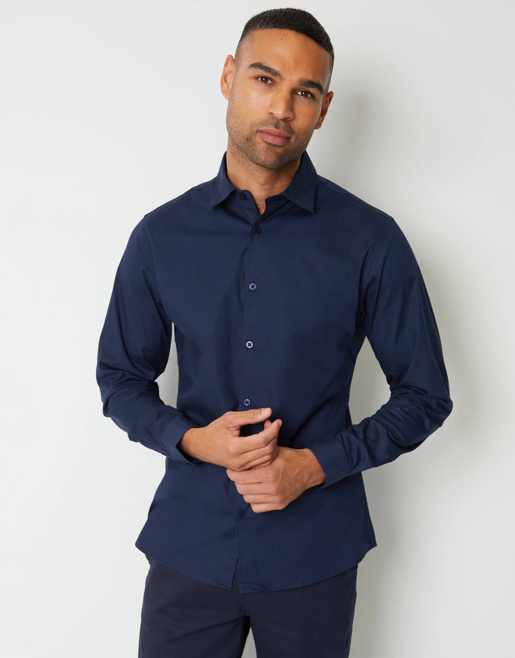 Men's Navy Stretch Cotton Poplin Slim Fit Long Sleeve Shirt