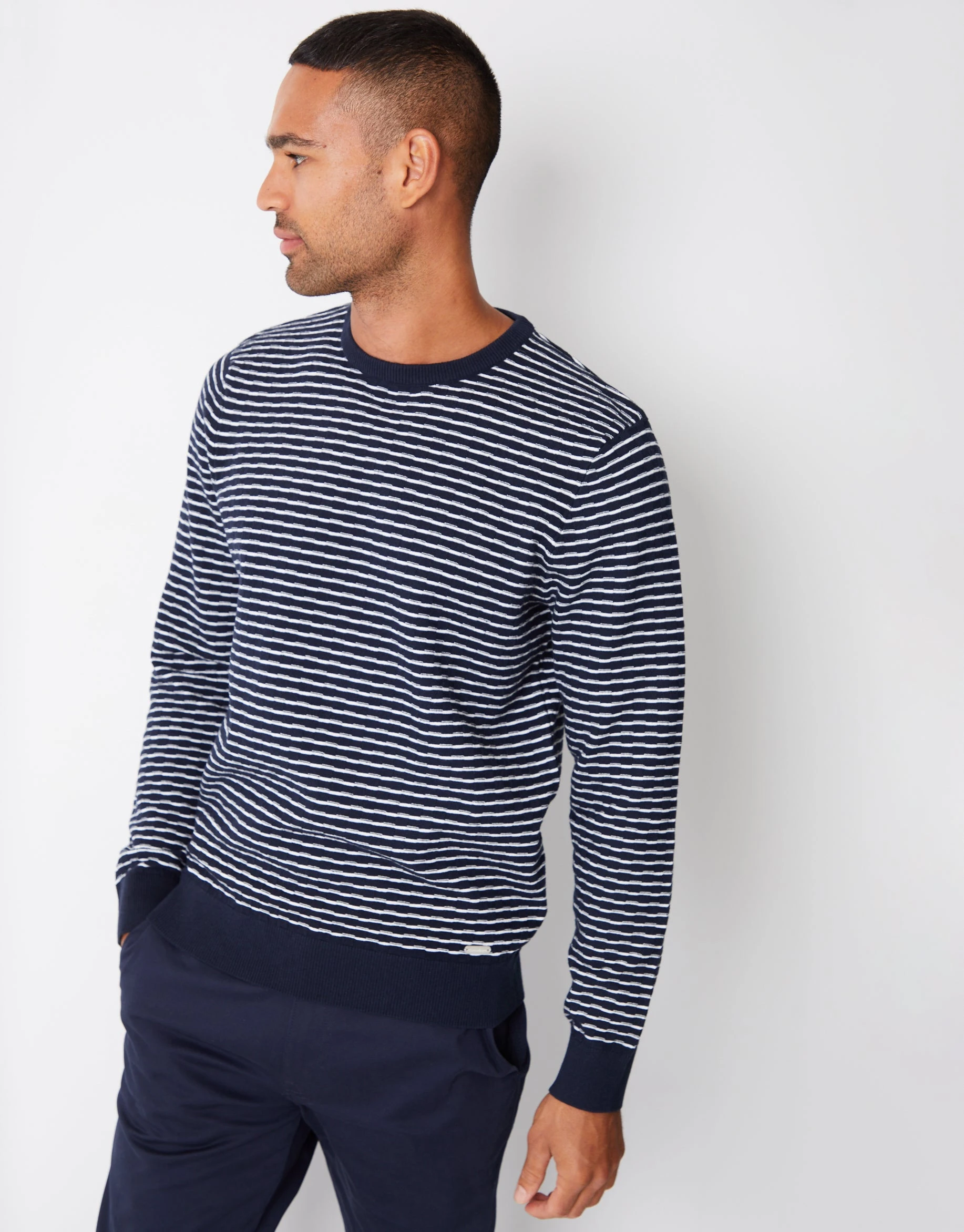 Men's Navy Stripe Textured Knit Crew Neck Jumper