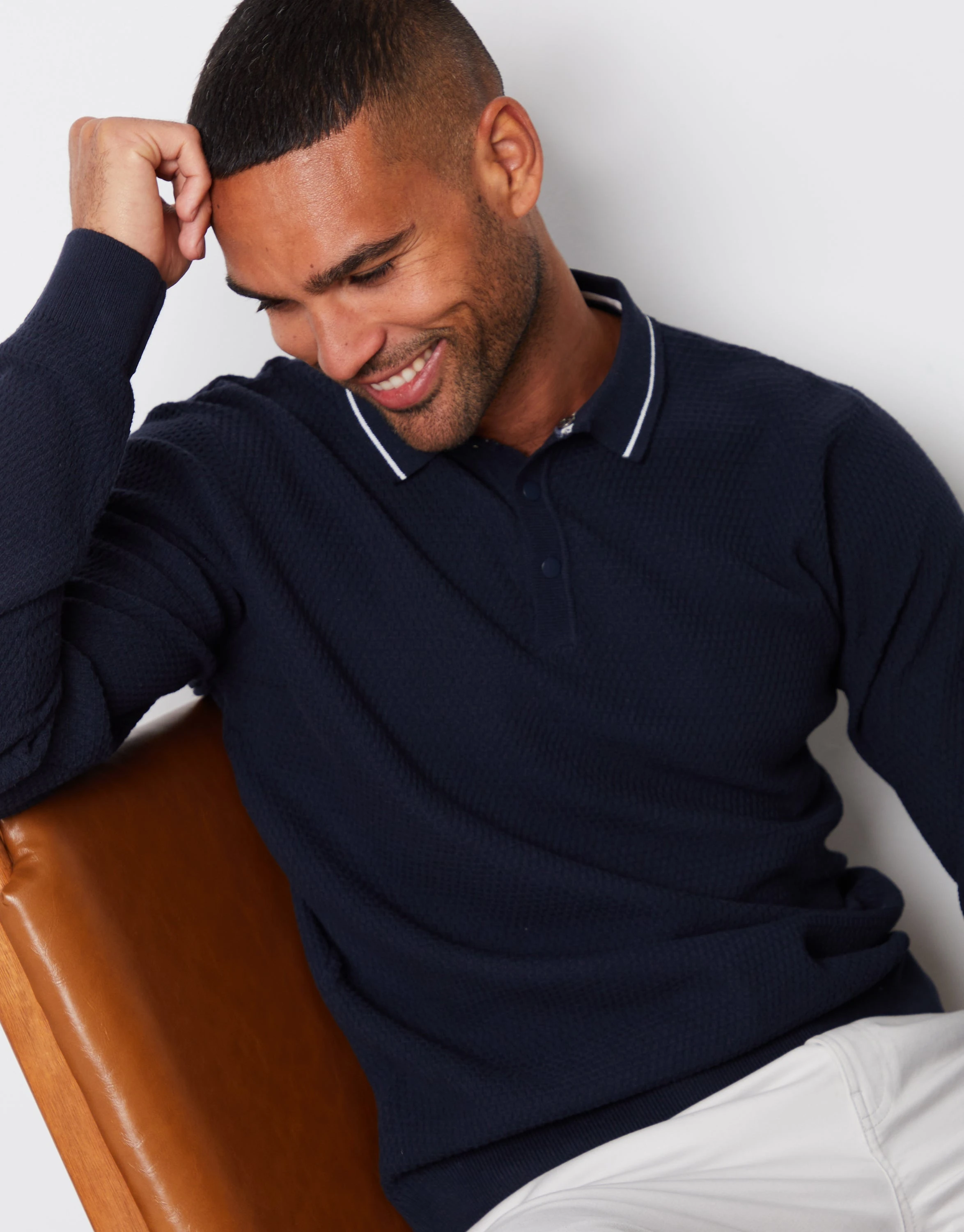 Men's Navy Textured Knitted Long Sleeve Polo Jumper