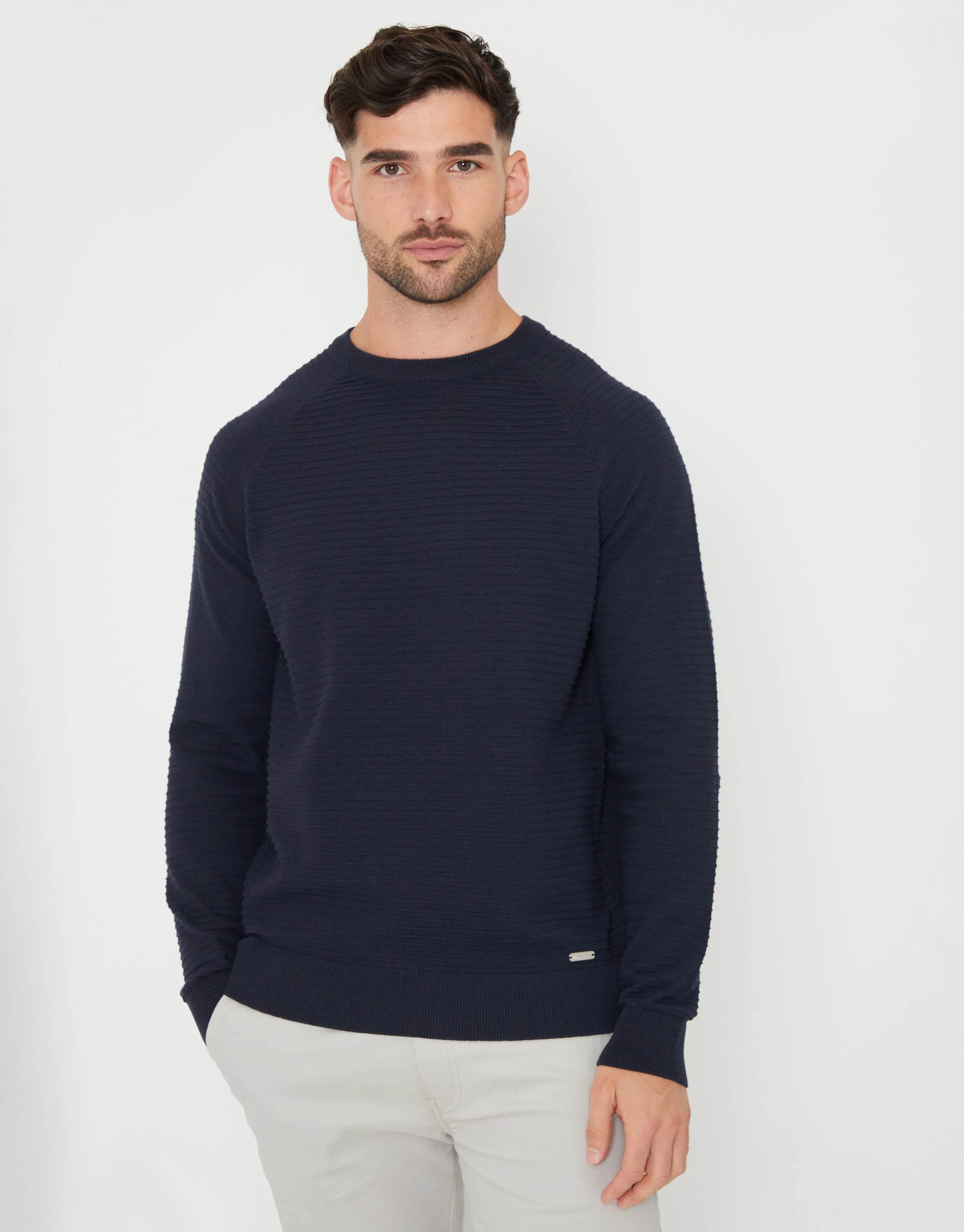 Men's Navy Textured Stripe Knitted Crew Neck Jumper