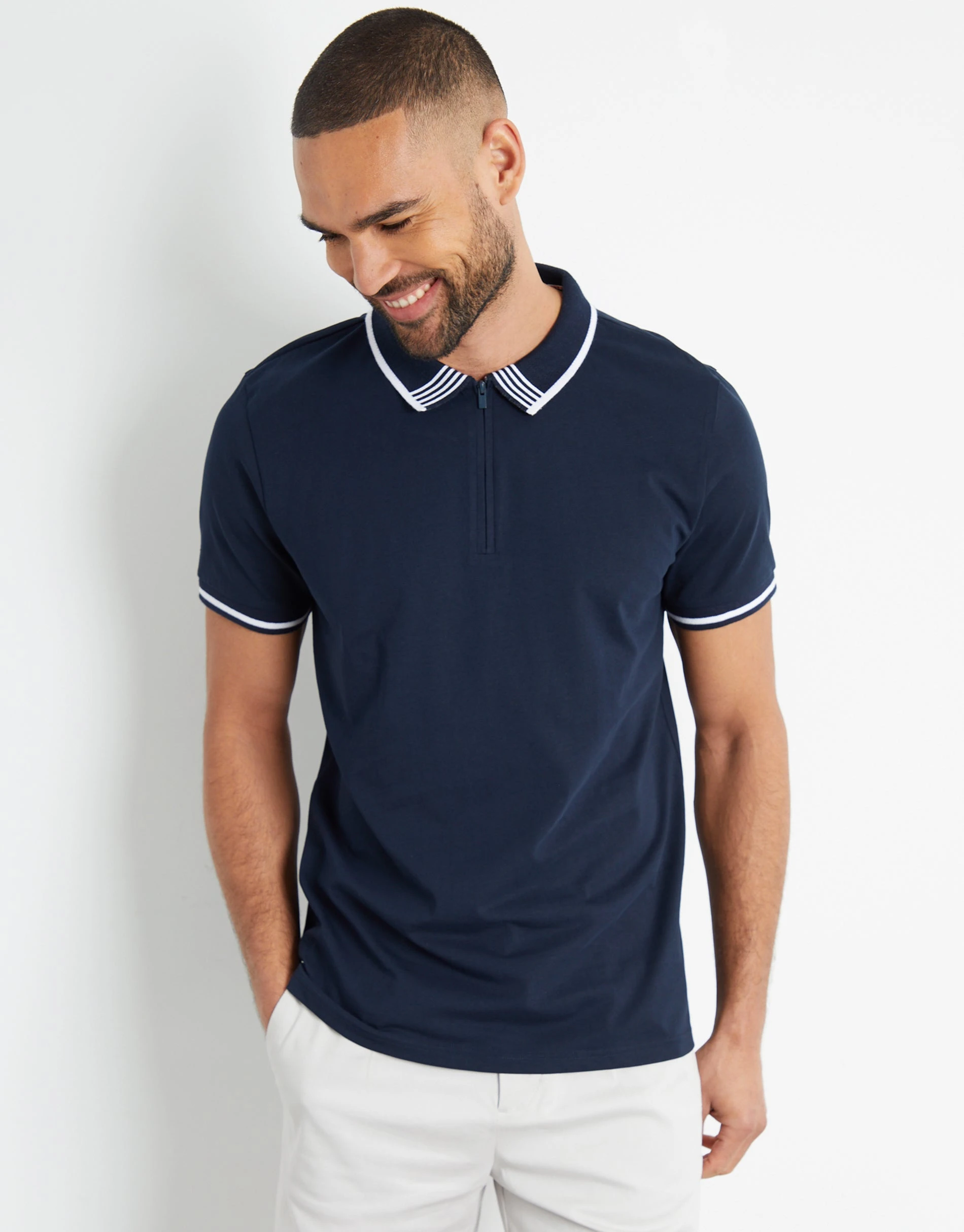 Men's Navy Tipping Detail Zip Neck Polo Shirt