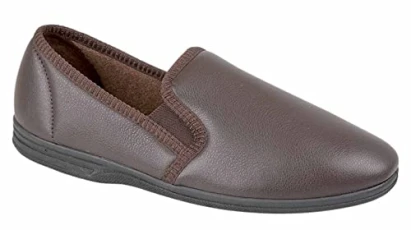 Mens New Boxed Slip On Faux Leather Twin Gusset Slippers Shoes Size 6-14 - Brown - UK 14