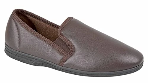 Mens New Boxed Slip On Faux Leather Twin Gusset Slippers Shoes Size 6-14 - Brown - UK 14