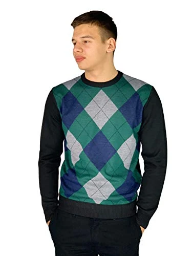 Mens New Season Crew and V-Neck Argyle Knitted Jumper (2XL, Style 3 - Navy(Crew Neck))