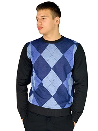 Mens New Season Crew and V-Neck Argyle Knitted Jumper (4XL, Style 5 - Blue(Crew Neck))