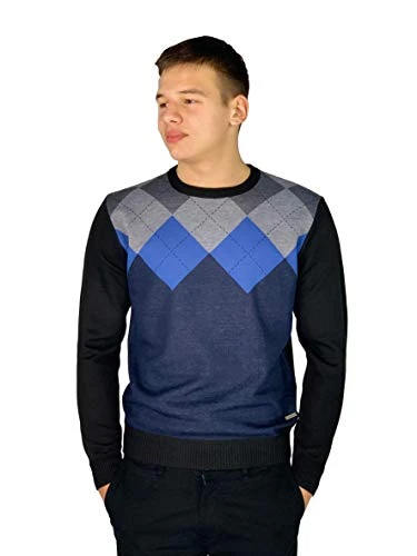 Mens New Season Crew and V-Neck Argyle Knitted Jumper (Large, Style 2 - Navy(Crew Neck))