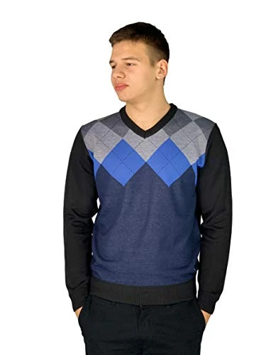 Mens New Season Crew and V-Neck Argyle Knitted Jumper (Large, Style 2 - Navy(V-Neck))