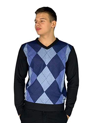 Mens New Season Crew and V-Neck Argyle Knitted Jumper (Large, Style 5 - Blue(V-Neck))