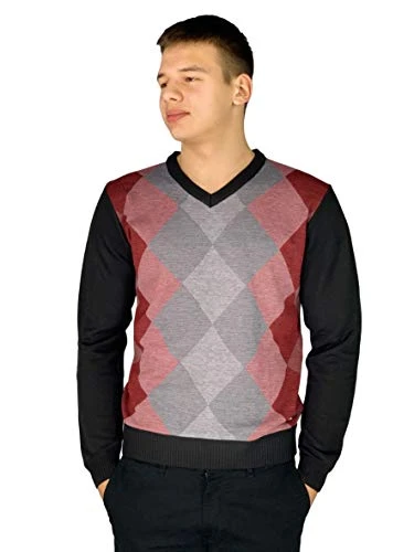 Mens New Season Crew and V-Neck Argyle Knitted Jumper (Large, Style 6 - Burgundy(V-Neck))