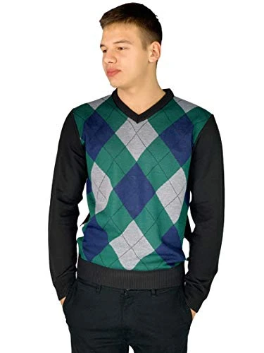 Mens New Season Crew and V-Neck Argyle Knitted Jumper (Medium, Style 3 - Navy(V-Neck))